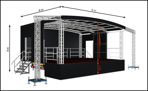 Mobile Trailerstage with arched roof and 48sqm